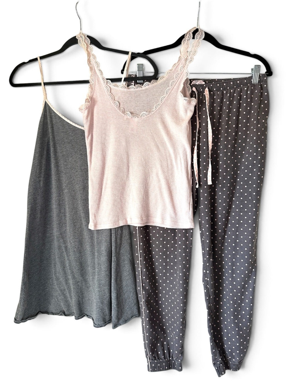 Victoria’s Secret Women’s Pink Lace-Trim Camisole & Gray Polka Dot Pajama Set